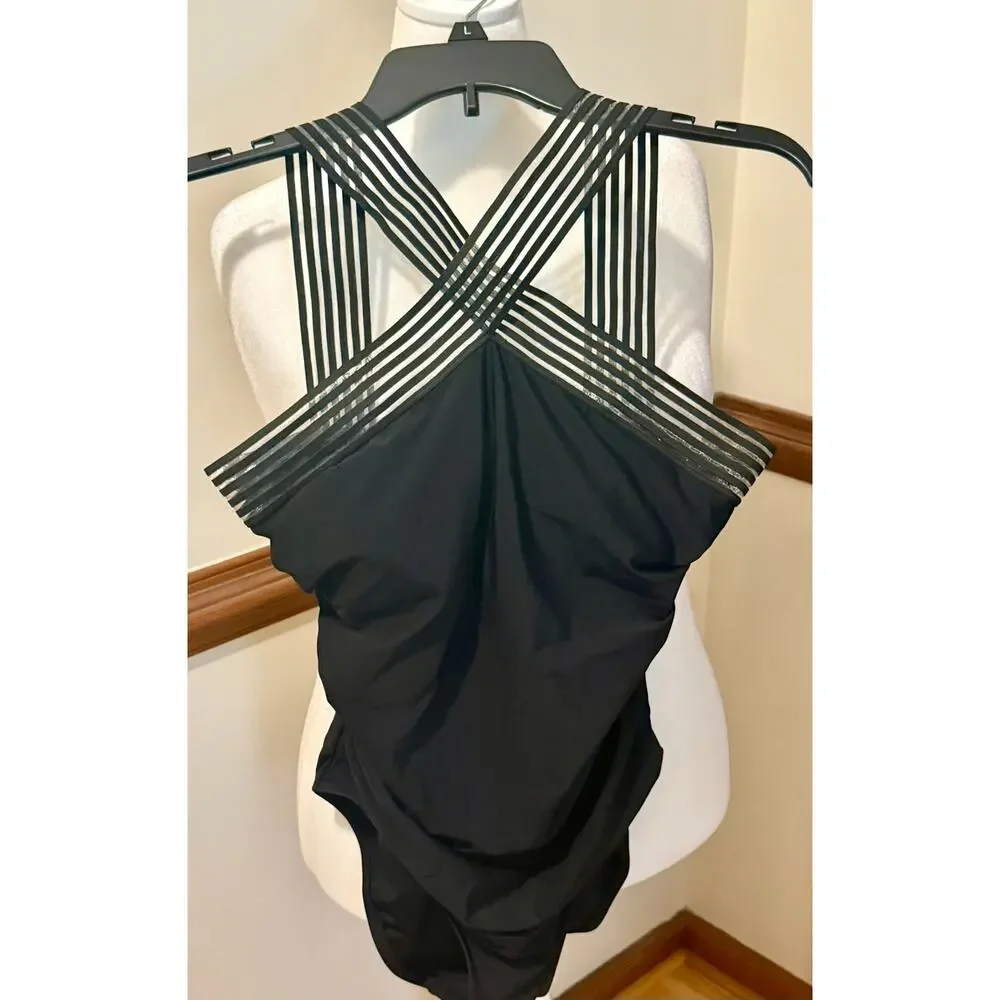 Aqua Green Black One-Piece Swimsuit Strappy Mesh Neckline Women's Large